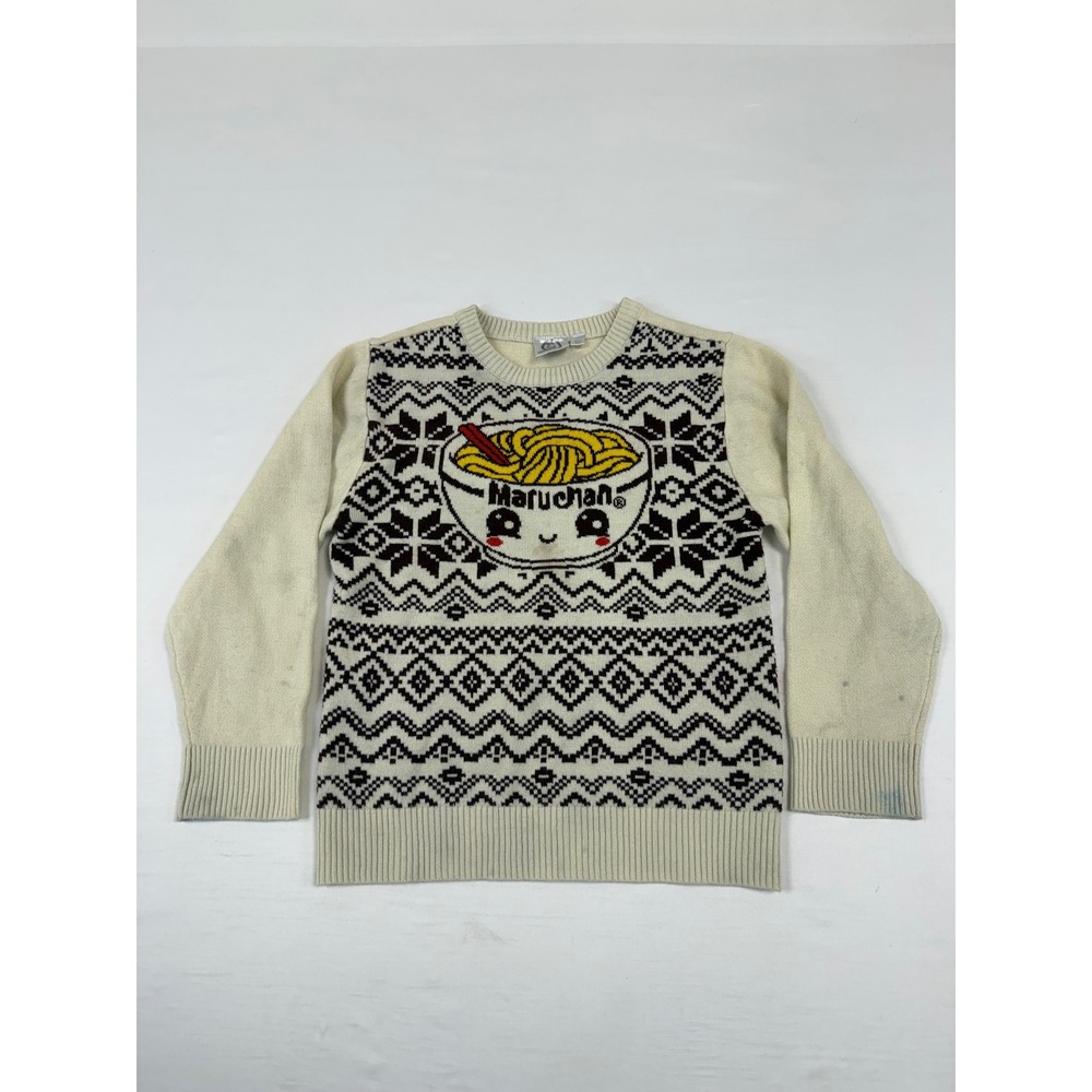 Maruchan Ramen Kids Sweater Cream Brown Fair Isle Graphic Knit Pullover SM